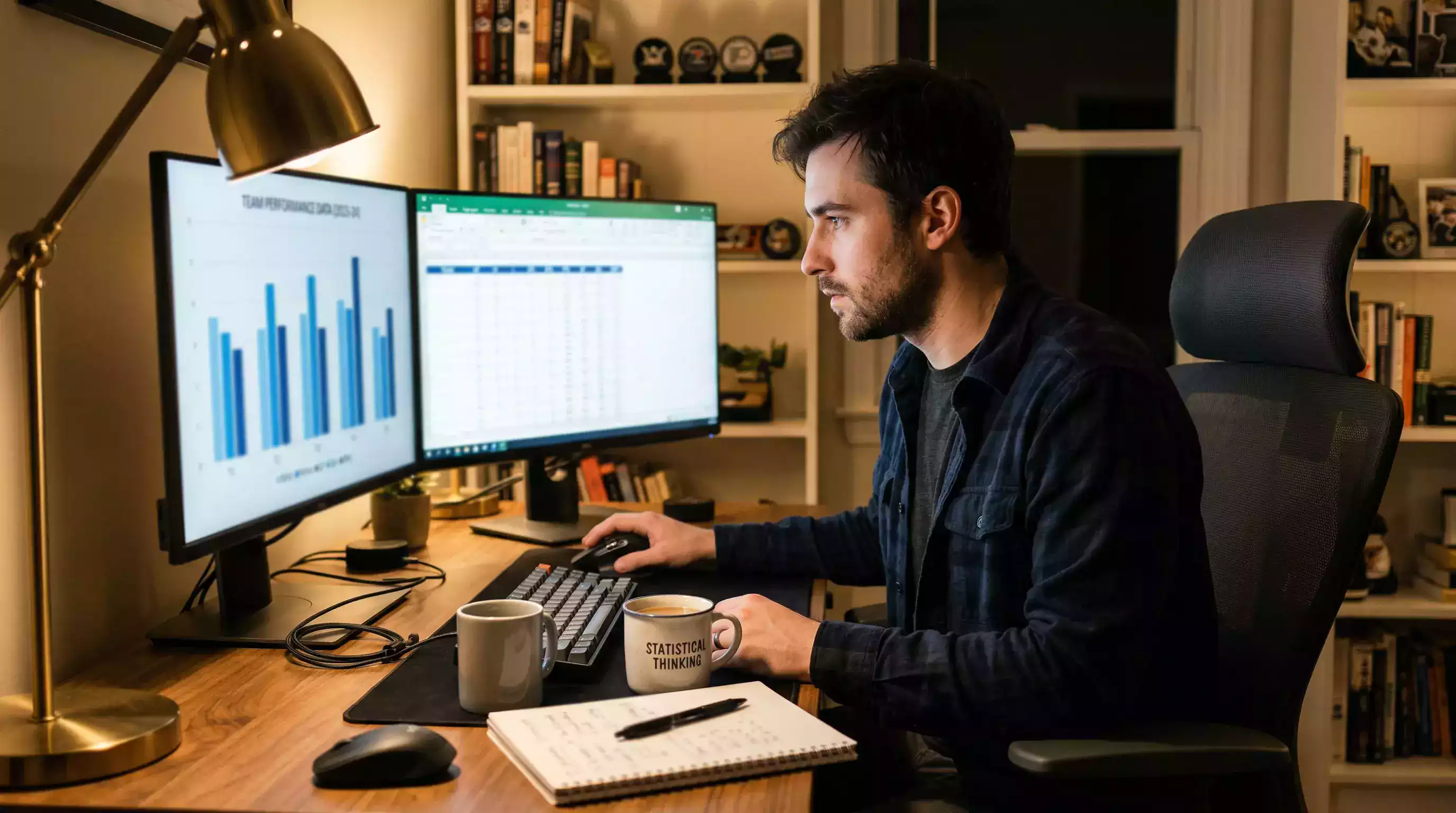 Analista a estudar dados e estatísticas de hóquei no gelo num computador