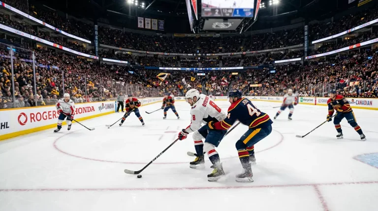 Jogo de hóquei no gelo da NHL em andamento com jogadores em ação no rinque iluminado por luzes de arena