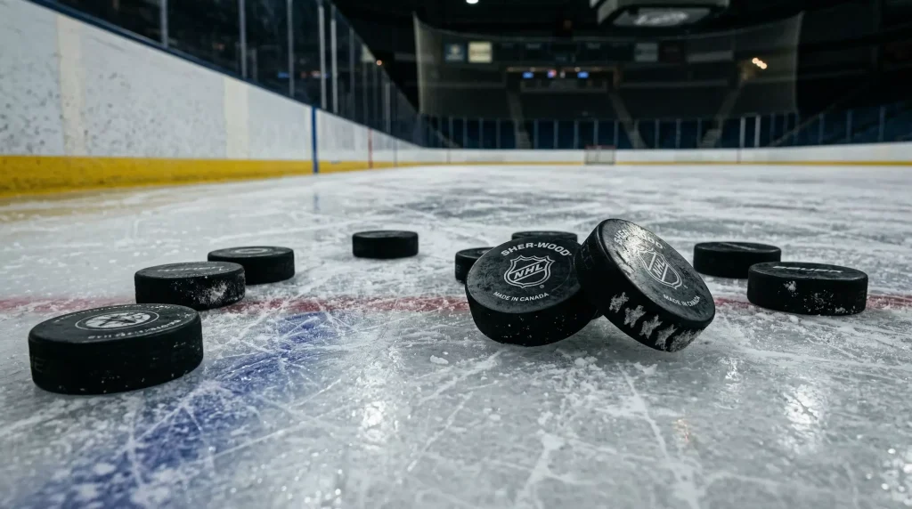 Vários discos de hóquei no gelo espalhados sobre a superfície gelada de um rinque da NHL