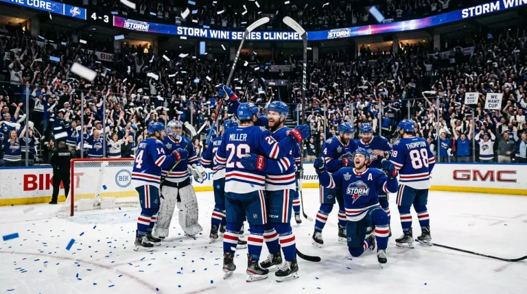 Celebração de equipa de hóquei no gelo da NHL após vitória num jogo de playoffs com confettis