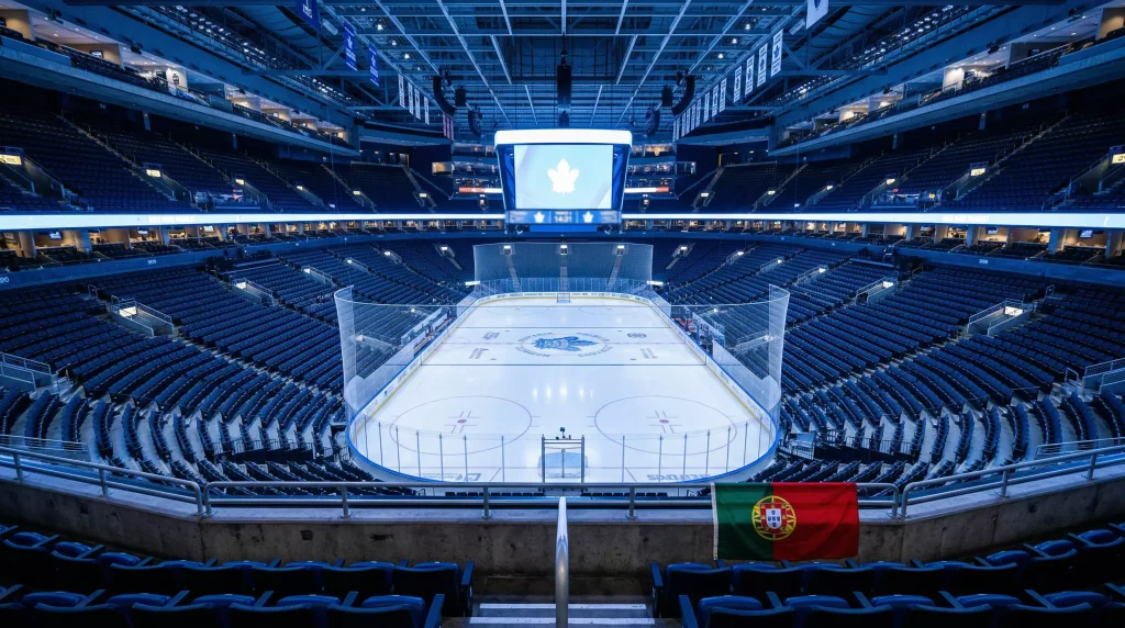 Arena de hóquei no gelo vista das bancadas com bandeira de Portugal