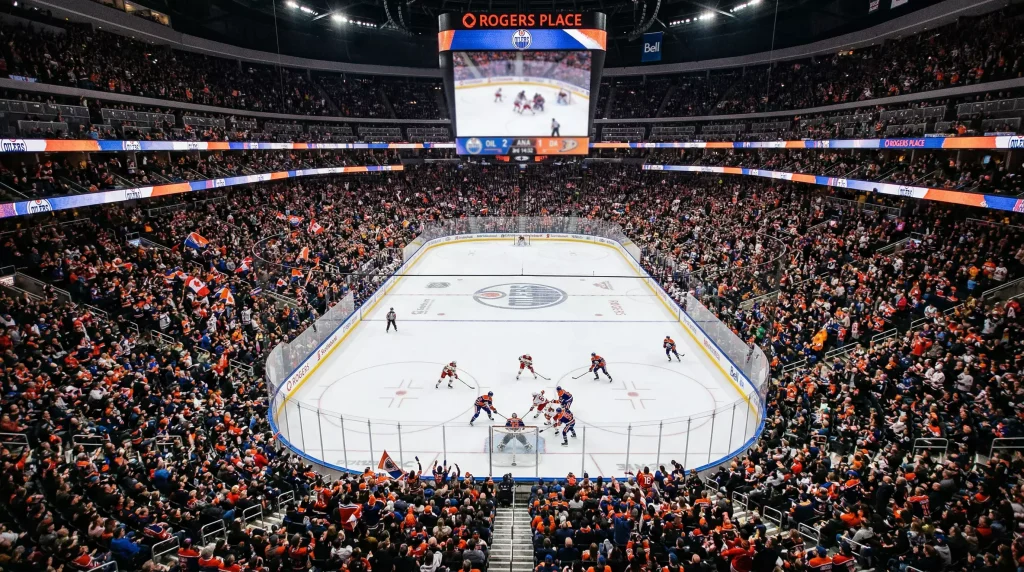 Arena de hóquei no gelo da NHL completamente lotada vista de cima com o rinque ao centro