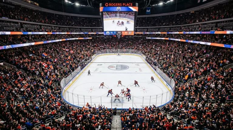 Arena de hóquei no gelo da NHL completamente lotada vista de cima com o rinque ao centro