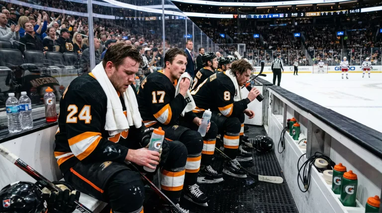 Jogadores de hóquei no gelo da NHL no banco durante uma pausa no jogo mostrando sinais de esforço físico