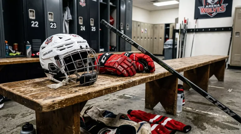 Equipamento de hóquei no gelo com stick e luvas sobre um banco de vestiário de arena