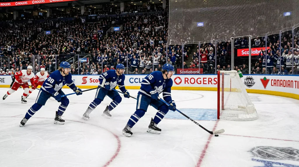 Baliza de hóquei no gelo vazia sem guarda-redes durante um jogo da NHL com jogadores a atacar
