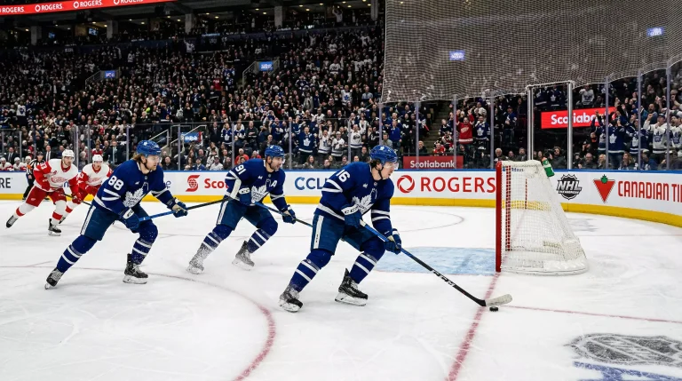 Baliza de hóquei no gelo vazia sem guarda-redes durante um jogo da NHL com jogadores a atacar