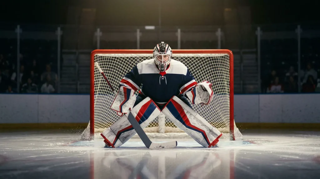 Guarda-redes de hóquei no gelo em posição de defesa na baliza da NHL