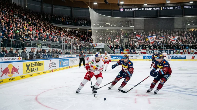 Jogo de hóquei no gelo europeu numa arena com jogadores em ação sobre o rinque