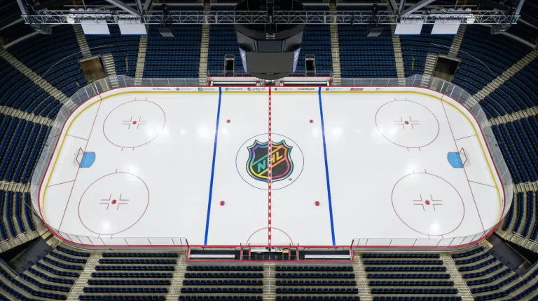 Rinque de hóquei no gelo da NHL visto de cima com as marcações e linhas do campo visíveis