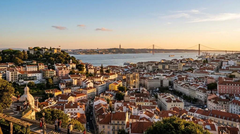 Vista panorâmica de Lisboa com edifícios históricos e o rio Tejo ao fundo