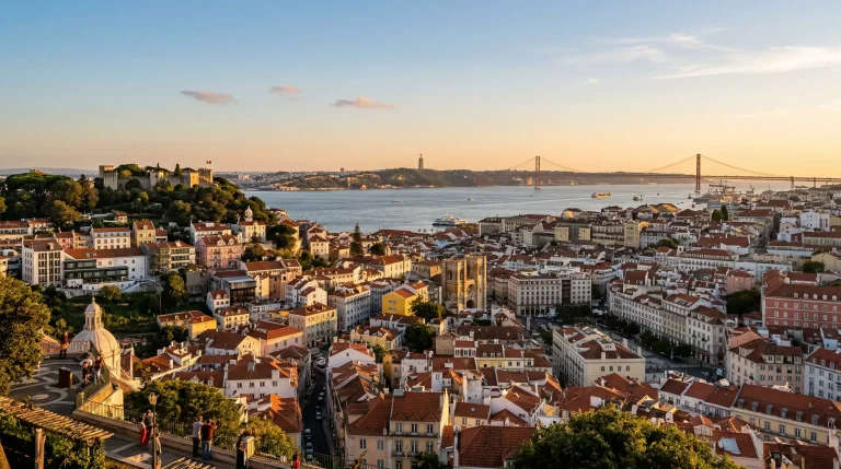 Vista panorâmica de Lisboa com edifícios históricos e o rio Tejo ao fundo