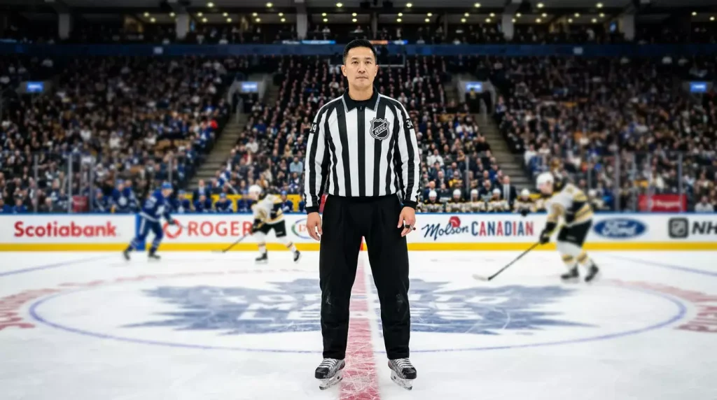 Árbitro de hóquei no gelo da NHL a supervisionar o jogo no centro do rinque