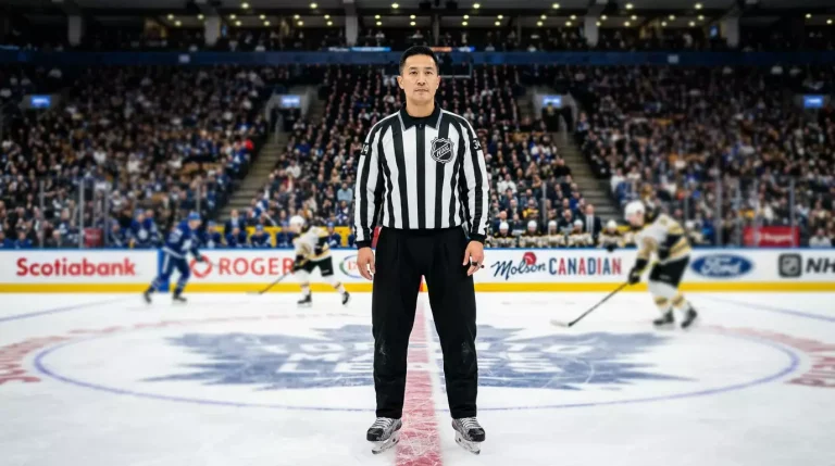 Árbitro de hóquei no gelo da NHL a supervisionar o jogo no centro do rinque