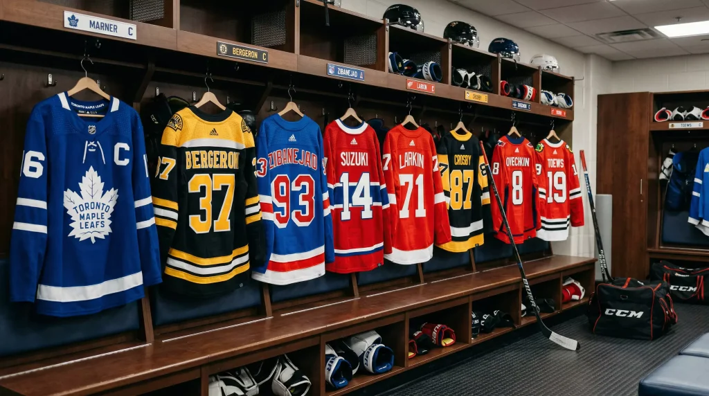 Camisolas de hóquei no gelo de diferentes equipas da NHL penduradas lado a lado num vestiário
