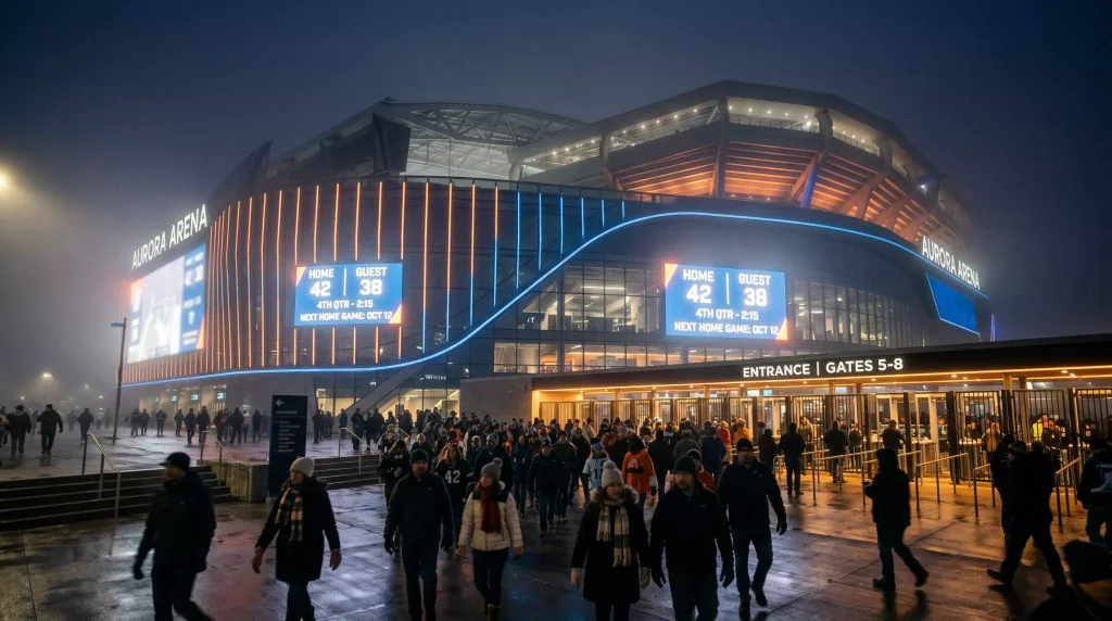 Fachada de um estádio desportivo moderno com ecrãs LED e multidão de espectadores a entrar