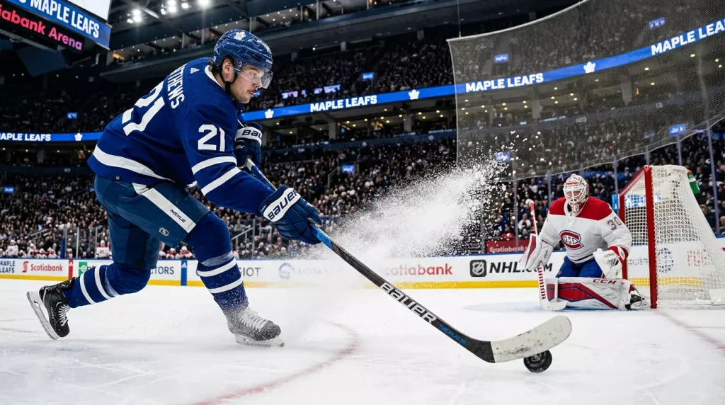 Jogador de hóquei no gelo da NHL a rematar o disco contra a baliza durante um jogo profissional