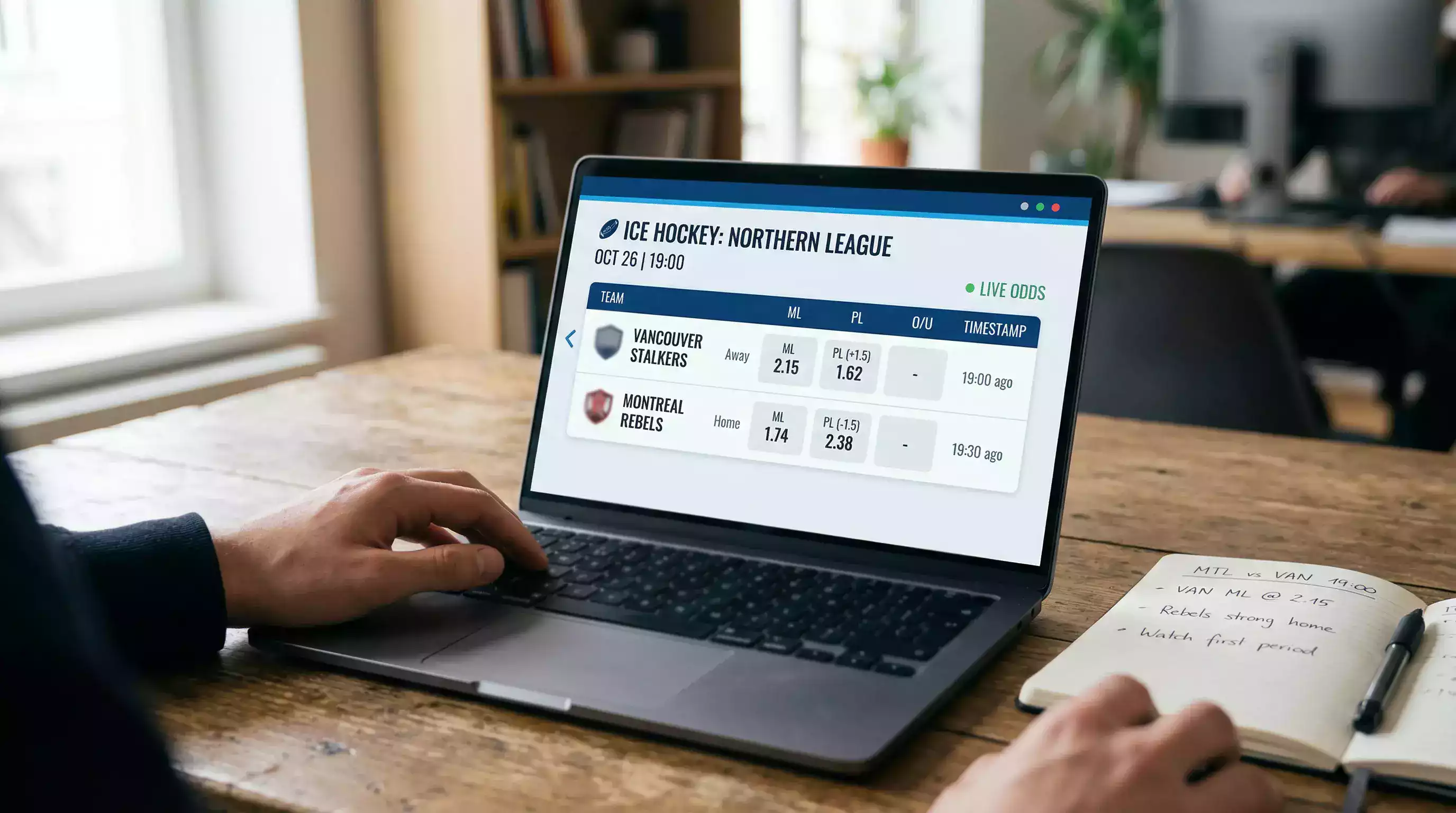 Ecrã com odds de apostas NHL mostrando mercados moneyline e puckline