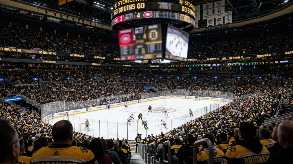 Painel de resultados de hóquei no gelo numa arena da NHL com marcador eletrónico visível