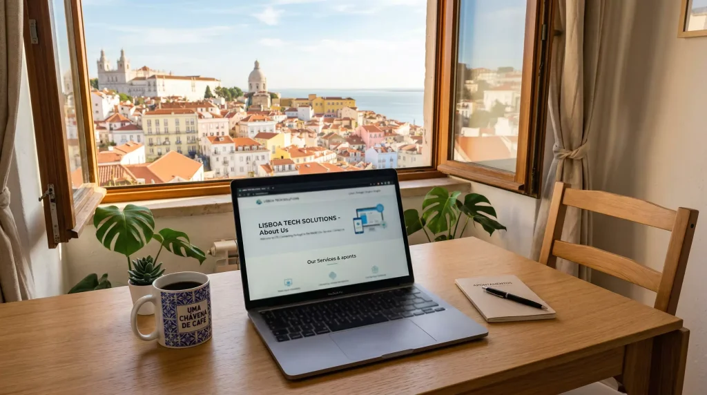 Computador portátil sobre uma secretária com ecrã ligado num ambiente de escritório em Portugal
