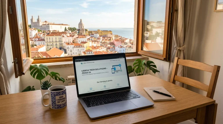 Computador portátil sobre uma secretária com ecrã ligado num ambiente de escritório em Portugal