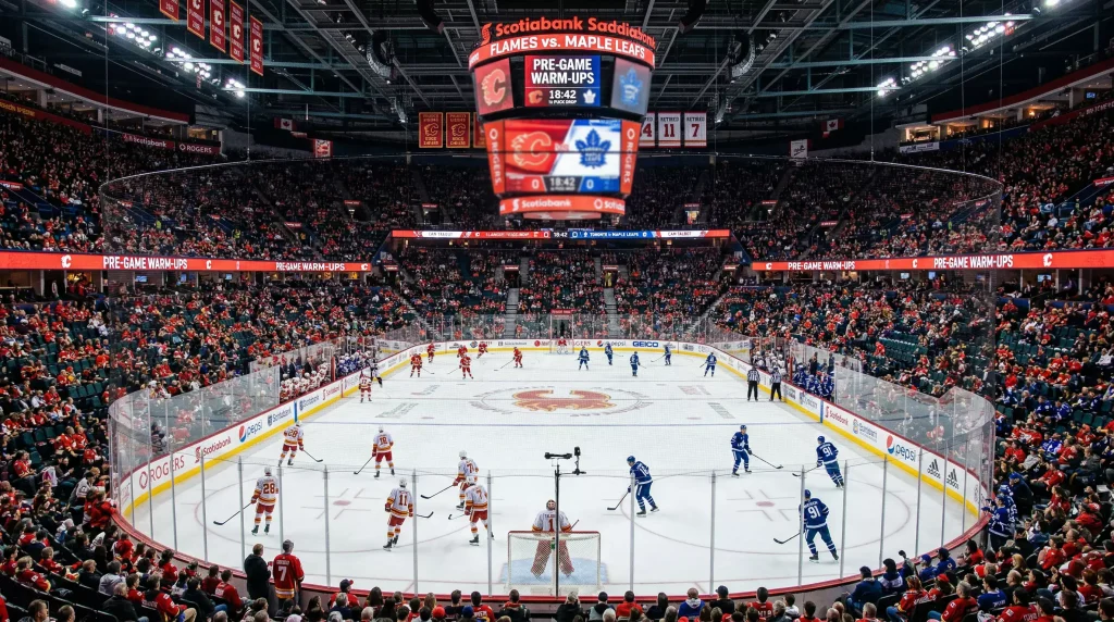 Vista panorâmica de um rinque de hóquei no gelo da NHL antes do início de um jogo com equipas a aquecer