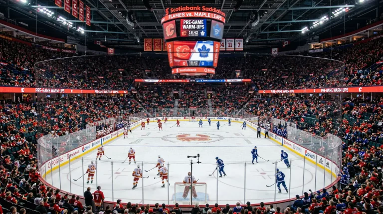 Vista panorâmica de um rinque de hóquei no gelo da NHL antes do início de um jogo com equipas a aquecer