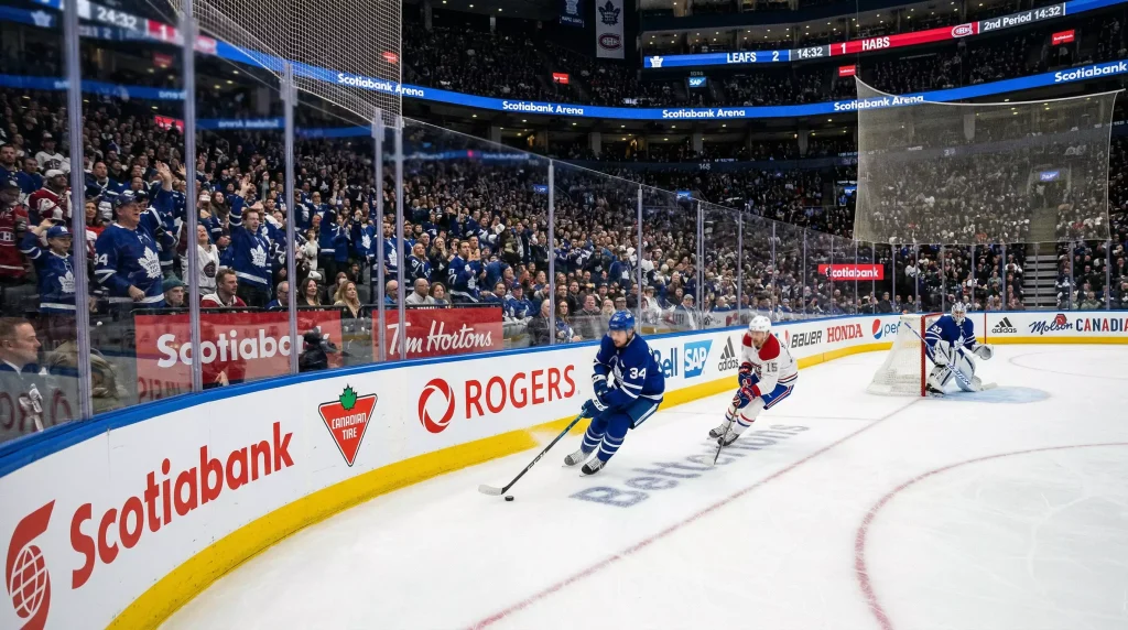 Tabelas de publicidade junto ao rinque de hóquei no gelo durante um jogo da NHL com logótipos de patrocinadores