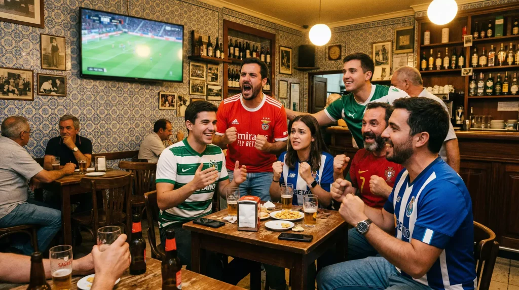 Grupo de adeptos portugueses a assistir a um evento desportivo num café em Lisboa