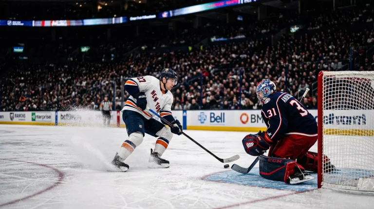 Jogador de hóquei no gelo a executar um shootout frente ao guarda-redes numa arena da NHL