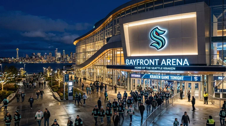 Exterior de uma arena moderna da NHL iluminada à noite com logótipo da equipa visível