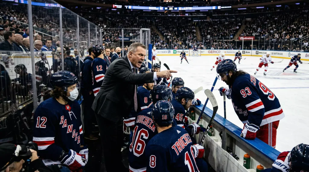 Banco de suplentes de uma equipa de hóquei no gelo da NHL durante um jogo com jogadores e treinador