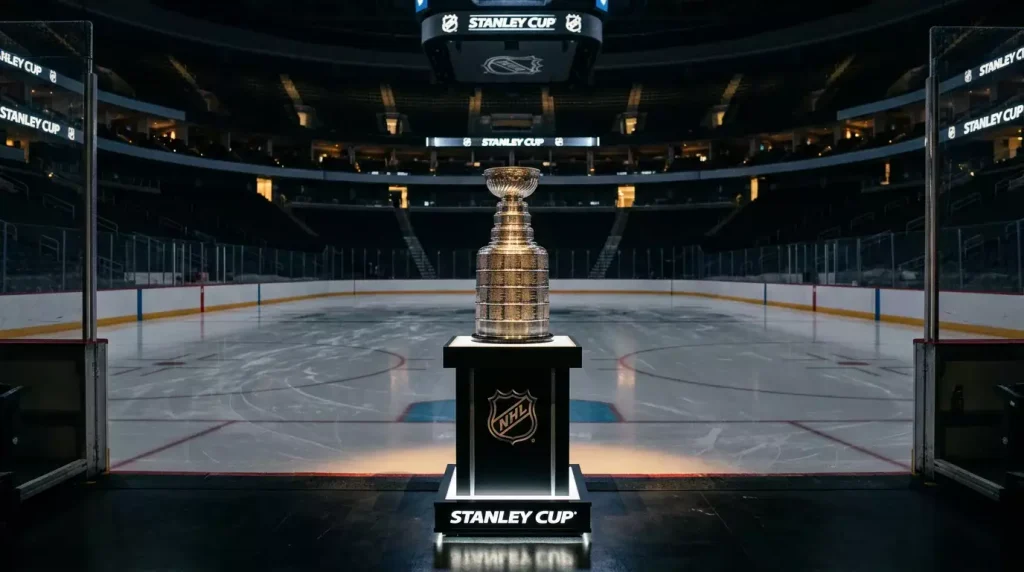 Troféu Stanley Cup exposto numa arena de hóquei no gelo com iluminação profissional