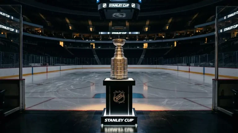 Troféu Stanley Cup exposto numa arena de hóquei no gelo com iluminação profissional