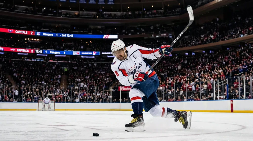 Jogador de hóquei no gelo da NHL a preparar um remate com o stick levantado durante um jogo