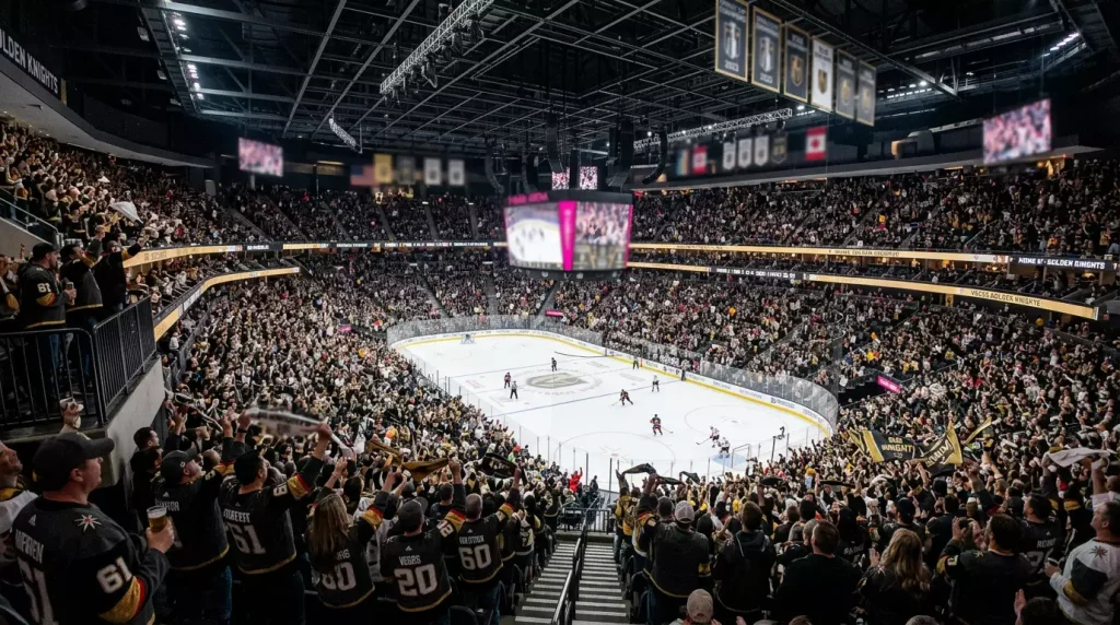 Arena de hóquei no gelo da NHL lotada com adeptos a apoiar a equipa da casa durante um jogo