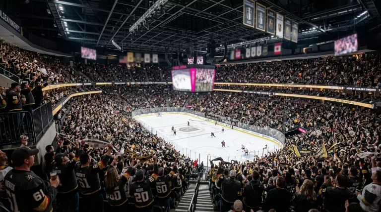 Arena de hóquei no gelo da NHL lotada com adeptos a apoiar a equipa da casa durante um jogo